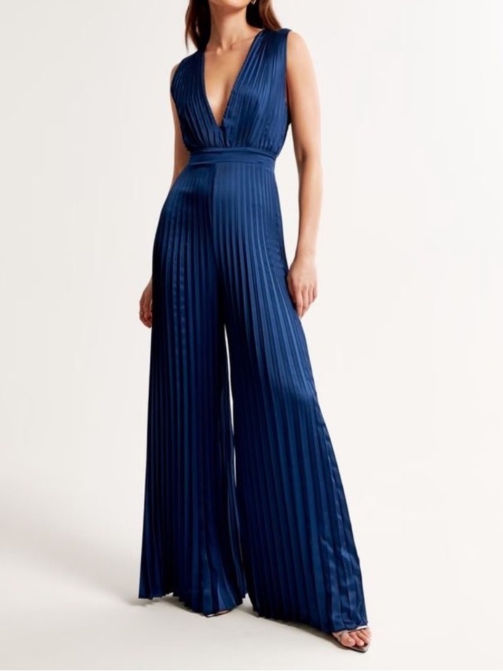 Abercrombie & Fitch Navy Plunging V-Neck Pleated Maxi Jumpsuit